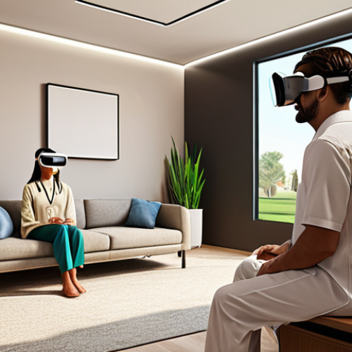 Home 23 **A therapist in a modern, comfortable office setting guides a patient wearing a VR headset. The virtual environment visible on a nearby screen shows a calming park scene. Focus on creating a sense of safety and therapeutic support. (Consider adding Arabic design elements subtly in the office.)**