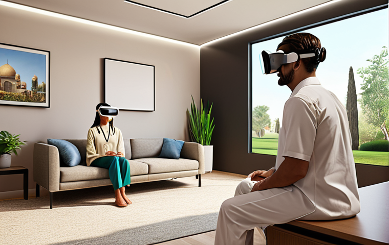 **A therapist in a modern, comfortable office setting guides a patient wearing a VR headset. The virtual environment visible on a nearby screen shows a calming park scene. Focus on creating a sense of safety and therapeutic support. (Consider adding Arabic design elements subtly in the office.)**
