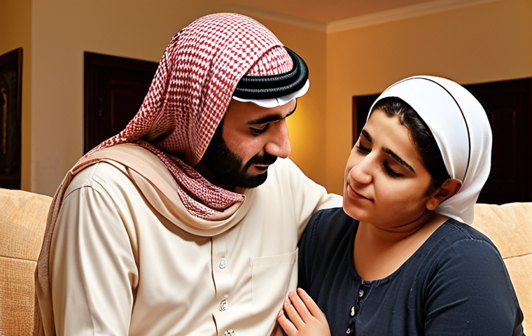 **Family support:** A warm, brightly lit family scene showing parents actively listening and comforting their child. Emphasize connection, empathy, and open communication within an Arab household.