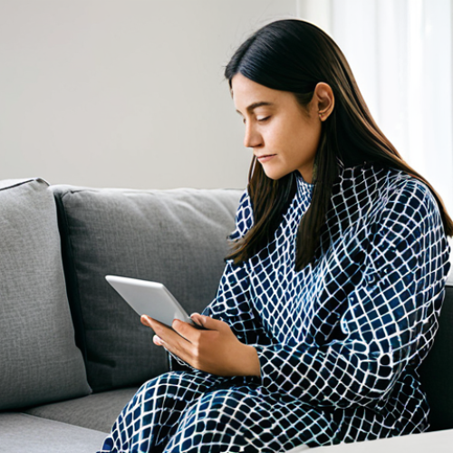Home 21 A thoughtful individual, fully clothed in modest, comfortable attire, sitting in a serene, well-lit modern living room. They are gently holding a tablet, its screen displaying subtle, abstract patterns that suggest personal data insights, promoting self-awareness. The atmosphere is calm and reflective, emphasizing personal well-being and digital support. This image conveys a sense of privacy and introspection, ideal for self-care. Safe for work, appropriate content, family-friendly, perfect anatomy, correct proportions, natural pose, well-formed hands, proper finger count, natural body proportions, professional photography, high quality.