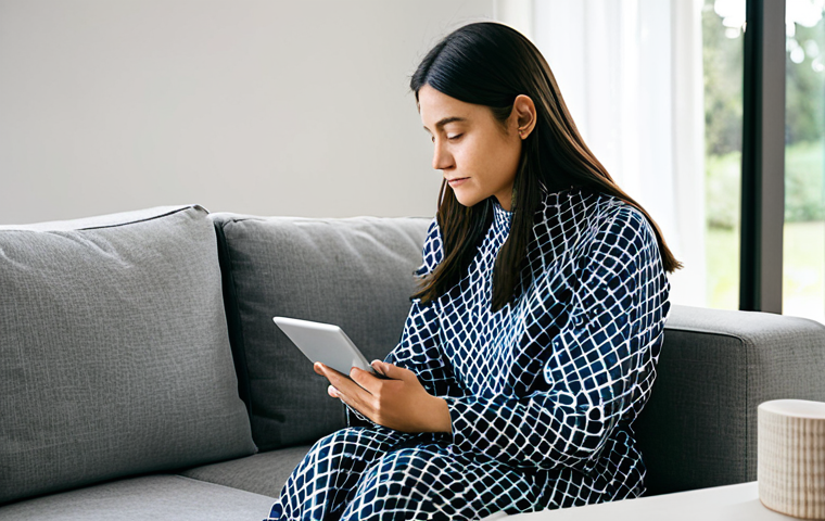 A thoughtful individual, fully clothed in modest, comfortable attire, sitting in a serene, well-lit modern living room. They are gently holding a tablet, its screen displaying subtle, abstract patterns that suggest personal data insights, promoting self-awareness. The atmosphere is calm and reflective, emphasizing personal well-being and digital support. This image conveys a sense of privacy and introspection, ideal for self-care. Safe for work, appropriate content, family-friendly, perfect anatomy, correct proportions, natural pose, well-formed hands, proper finger count, natural body proportions, professional photography, high quality.