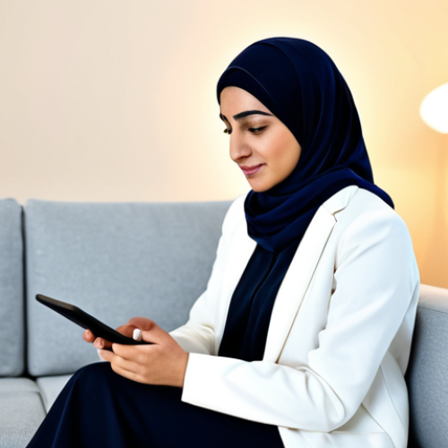 Home 20 A professional Arab woman in her mid-30s, dressed in modest, contemporary business attire, sitting comfortably on a modern sofa in a tastefully decorated living room. She is engaged in a remote therapy session on a tablet, with a calm, thoughtful expression, conveying a sense of privacy and peace. The room features warm lighting, subtle traditional decorative elements like geometric patterns or modern Arabic calligraphy art. The focus is on her face and upper body, showing genuine engagement. Professional photography, soft natural light, high resolution, detailed, realistic, perfect anatomy, correct proportions, natural pose, well-formed hands, proper finger count, safe for work, appropriate content, fully clothed, modest clothing, family-friendly.