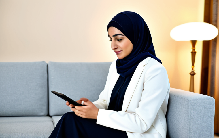 A professional Arab woman in her mid-30s, dressed in modest, contemporary business attire, sitting comfortably on a modern sofa in a tastefully decorated living room. She is engaged in a remote therapy session on a tablet, with a calm, thoughtful expression, conveying a sense of privacy and peace. The room features warm lighting, subtle traditional decorative elements like geometric patterns or modern Arabic calligraphy art. The focus is on her face and upper body, showing genuine engagement. Professional photography, soft natural light, high resolution, detailed, realistic, perfect anatomy, correct proportions, natural pose, well-formed hands, proper finger count, safe for work, appropriate content, fully clothed, modest clothing, family-friendly.