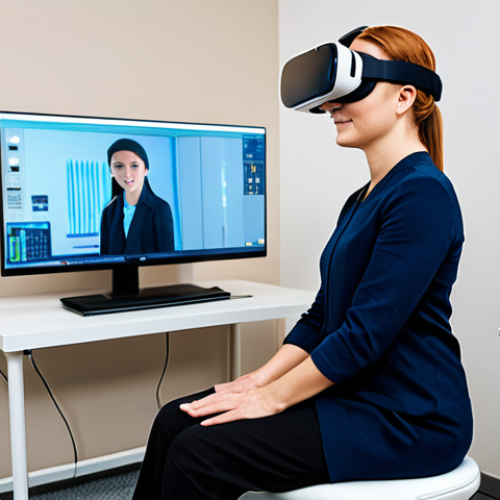 Home 9 **Prompt:** A professional adult patient, fully clothed in modest business casual attire, is seated comfortably in a modern, clean therapy room. They are wearing a sleek virtual reality headset, with their posture indicating an immersive but controlled experience. A professional female therapist, also fully clothed in appropriate, professional dress, sits nearby, attentively observing the patient's reactions on a digital monitor. The room features soft, natural lighting and minimalist decor, creating a safe and reassuring atmosphere. The focus is on the therapeutic process and the secure environment. perfect anatomy, correct proportions, natural pose, well-formed hands, proper finger count, natural body proportions, high-resolution, professional photography, safe for work, appropriate content, fully clothed, professional, modest, family-friendly.