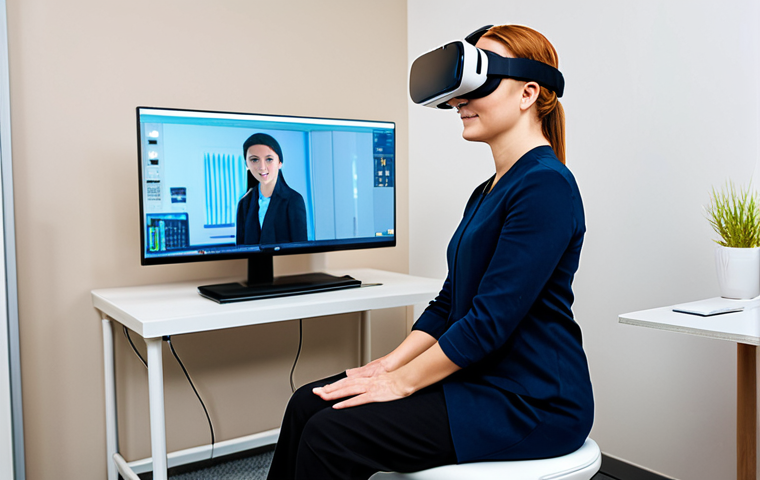 **Prompt:** A professional adult patient, fully clothed in modest business casual attire, is seated comfortably in a modern, clean therapy room. They are wearing a sleek virtual reality headset, with their posture indicating an immersive but controlled experience. A professional female therapist, also fully clothed in appropriate, professional dress, sits nearby, attentively observing the patient's reactions on a digital monitor. The room features soft, natural lighting and minimalist decor, creating a safe and reassuring atmosphere. The focus is on the therapeutic process and the secure environment. perfect anatomy, correct proportions, natural pose, well-formed hands, proper finger count, natural body proportions, high-resolution, professional photography, safe for work, appropriate content, fully clothed, professional, modest, family-friendly.