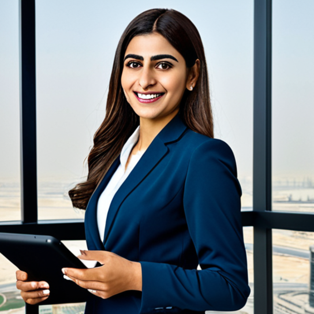 **

"A professional Arab woman in a modest, tailored business suit, standing confidently in a modern office setting with the Burj Khalifa visible in the background, fully clothed, appropriate attire, safe for work, perfect anatomy, natural proportions, professional photography, high quality, family-friendly. She is smiling warmly and holding a tablet."

**