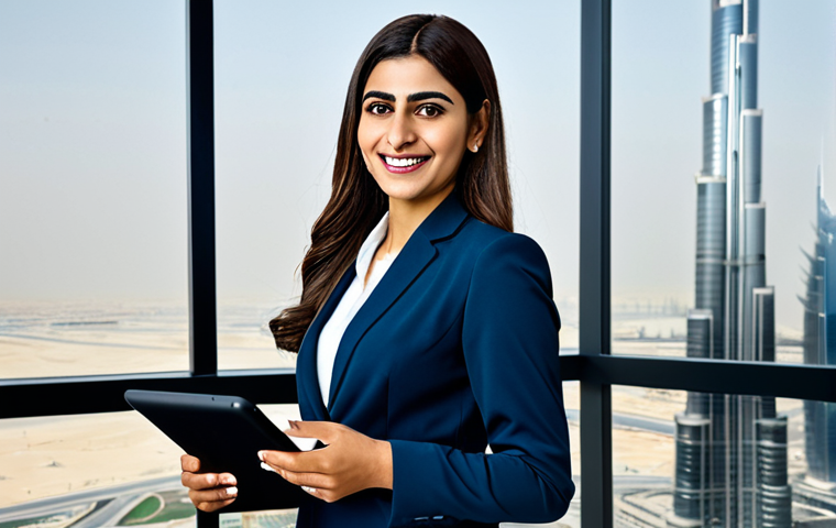 **
"A professional Arab woman in a modest, tailored business suit, standing confidently in a modern office setting with the Burj Khalifa visible in the background, fully clothed, appropriate attire, safe for work, perfect anatomy, natural proportions, professional photography, high quality, family-friendly. She is smiling warmly and holding a tablet."
**