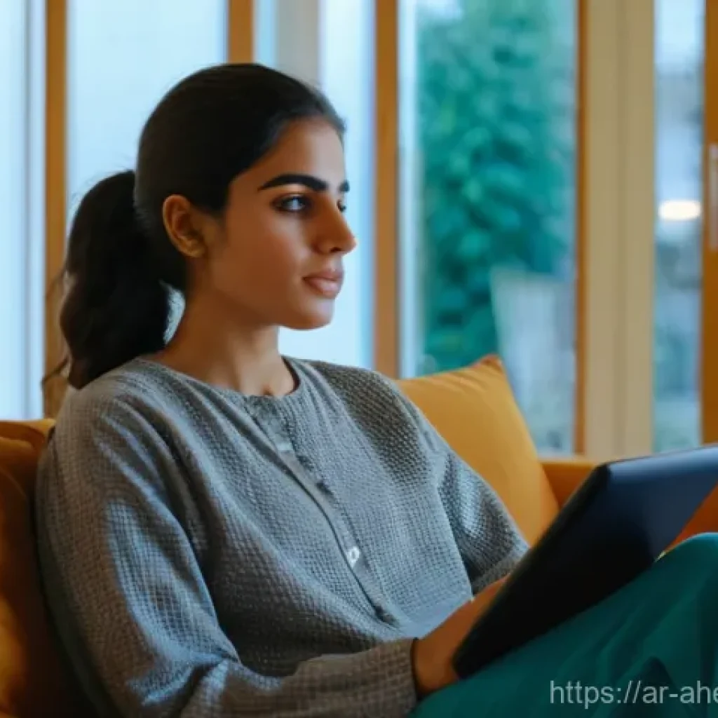 디지털 정신건강 플랫폼의 효과성 - **Prompt 1: From Hesitation to Digital Comfort**
A young Arab woman, in her late 20s, with a tho...