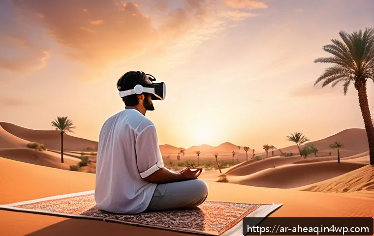 정신건강 증진을 위한 혁신적 솔루션 - A serene virtual reality scene depicting a person wearing casual clothing and comfortable VR headset...