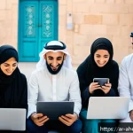 Home 16 정신건강 케어의 글로벌 성공 사례 - A vibrant and hopeful social media campaign scene set in an Arab urban environment, featuring divers...