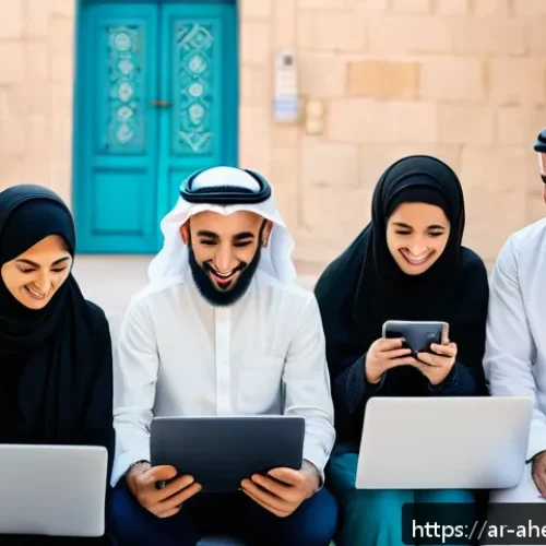 Home 28 정신건강 케어의 글로벌 성공 사례 - A vibrant and hopeful social media campaign scene set in an Arab urban environment, featuring divers...