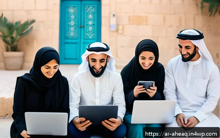 정신건강 케어의 글로벌 성공 사례 - A vibrant and hopeful social media campaign scene set in an Arab urban environment, featuring divers...