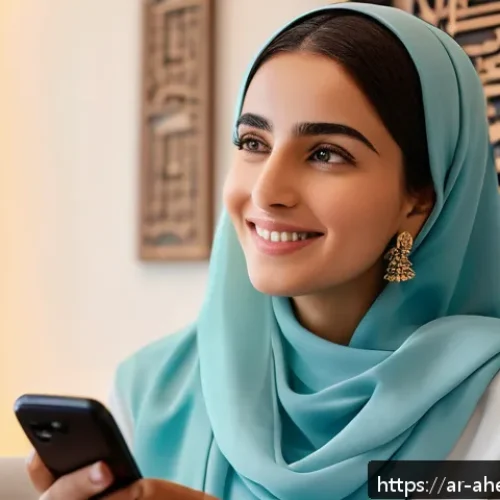 Home 15 정신건강과 기술의 융합 사례 - A modern Middle Eastern woman wearing modest professional attire, sitting comfortably in a cozy, war...