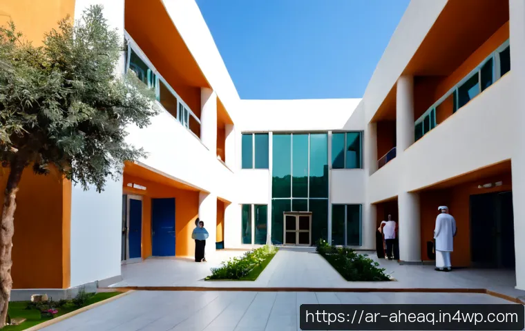정신건강 케어를 위한 인프라 구축 전략 - Photorealistic modern community mental health center in an Arab city, welcoming entrance with Arabic...
